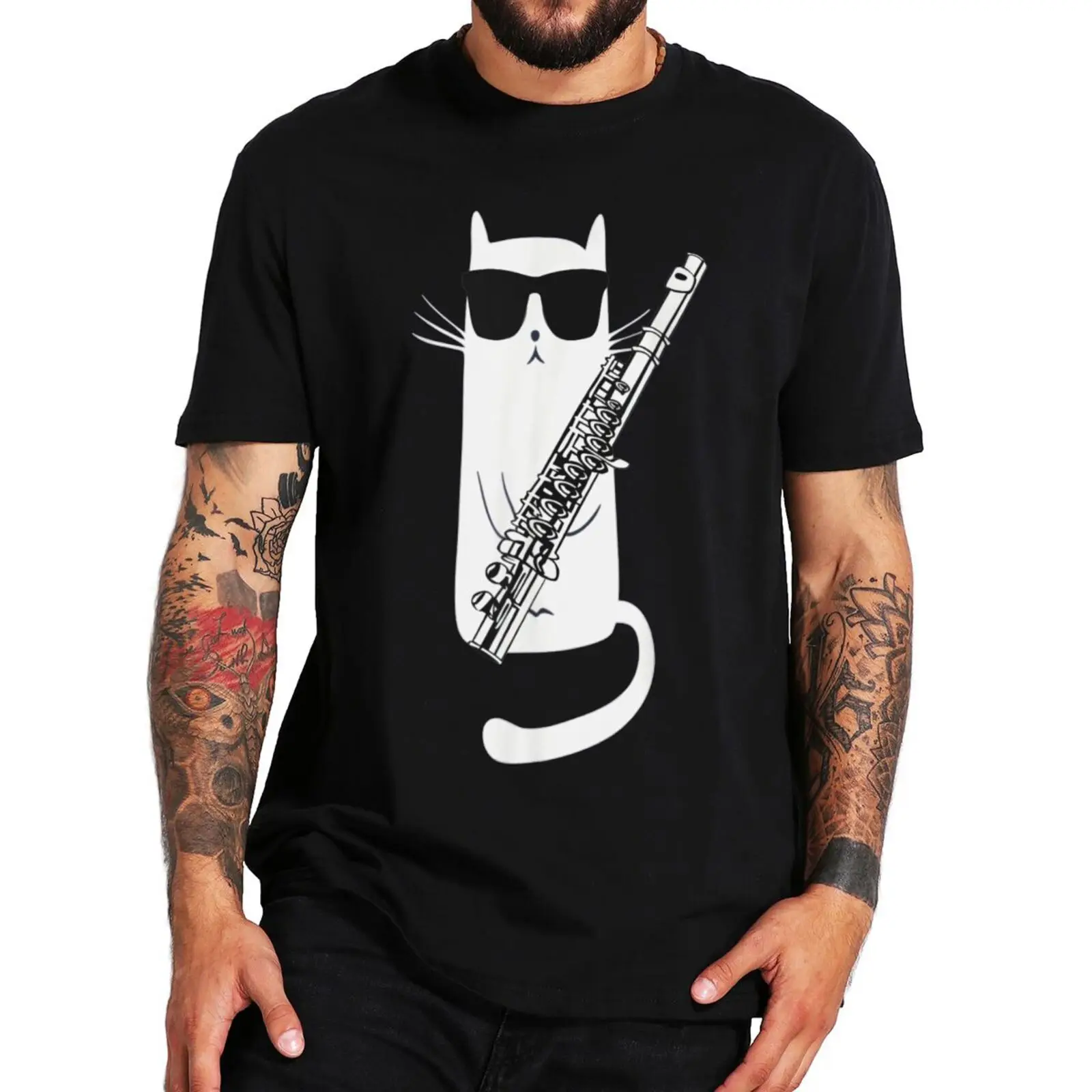 

Cat Wearing Sunglasses Playing Flute T-Shirt Funny Cute Cats Lovers Men Women Clothing Summer EU Size Cotton Soft T Shirts