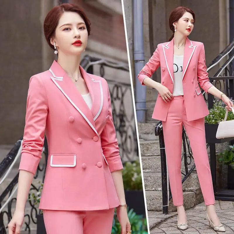 Spring Autumn Blazer Jacket Pants Two-piece Sets Women's Elegant Professional Wear Korean Fashion Suit Coat Trousers Set E172