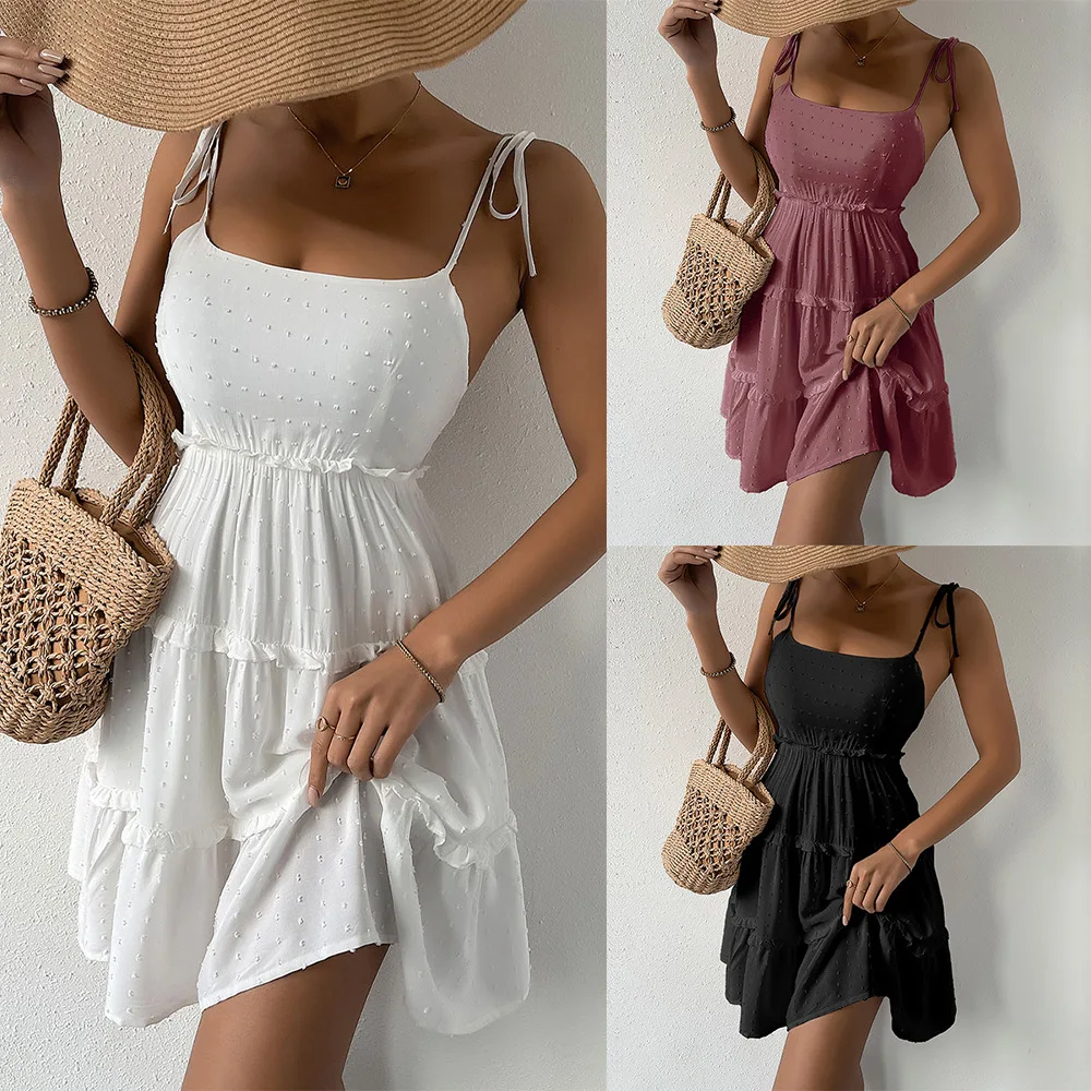 

Women Summer Dress Solid Color Strap Backless Tied Braces Short Dress for Girls