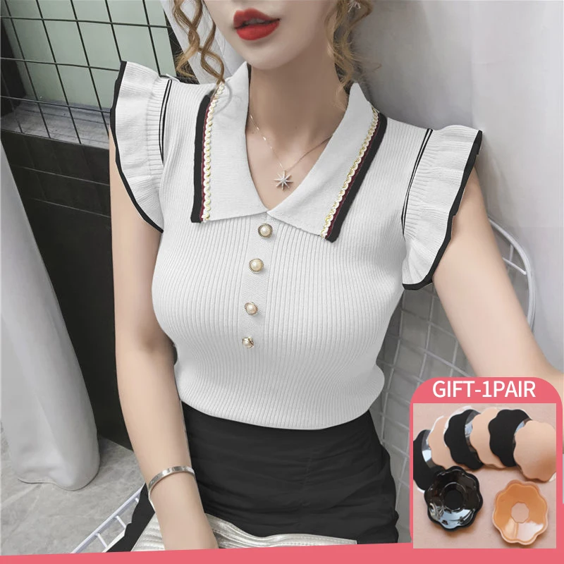 

Summer Knitted T-shirts Women Slim Crop Tops Korean Fashion Sleeveless Ruffles Turn-Down Collar T Shirt Woman Clothes Tees Shirt