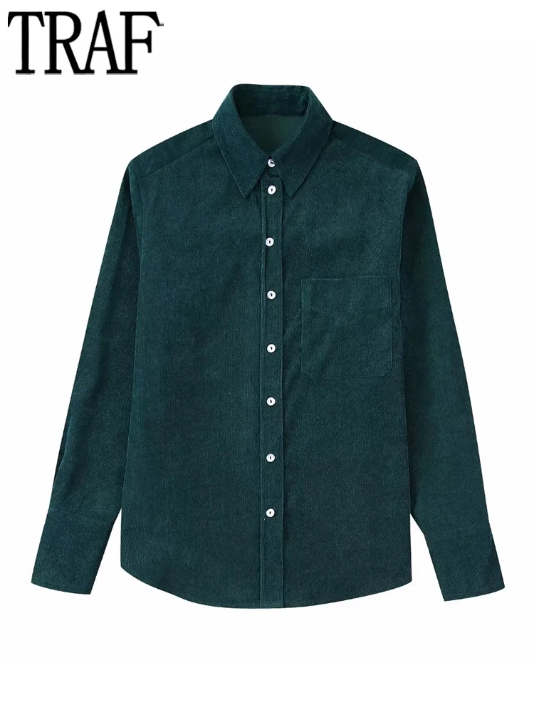 

Вельветовая рубашка TRAF 2022, женская зеленая рубашка на пуговицах, Женская корейская модная блузка с карманами, женские осенние Рубашки с дли...