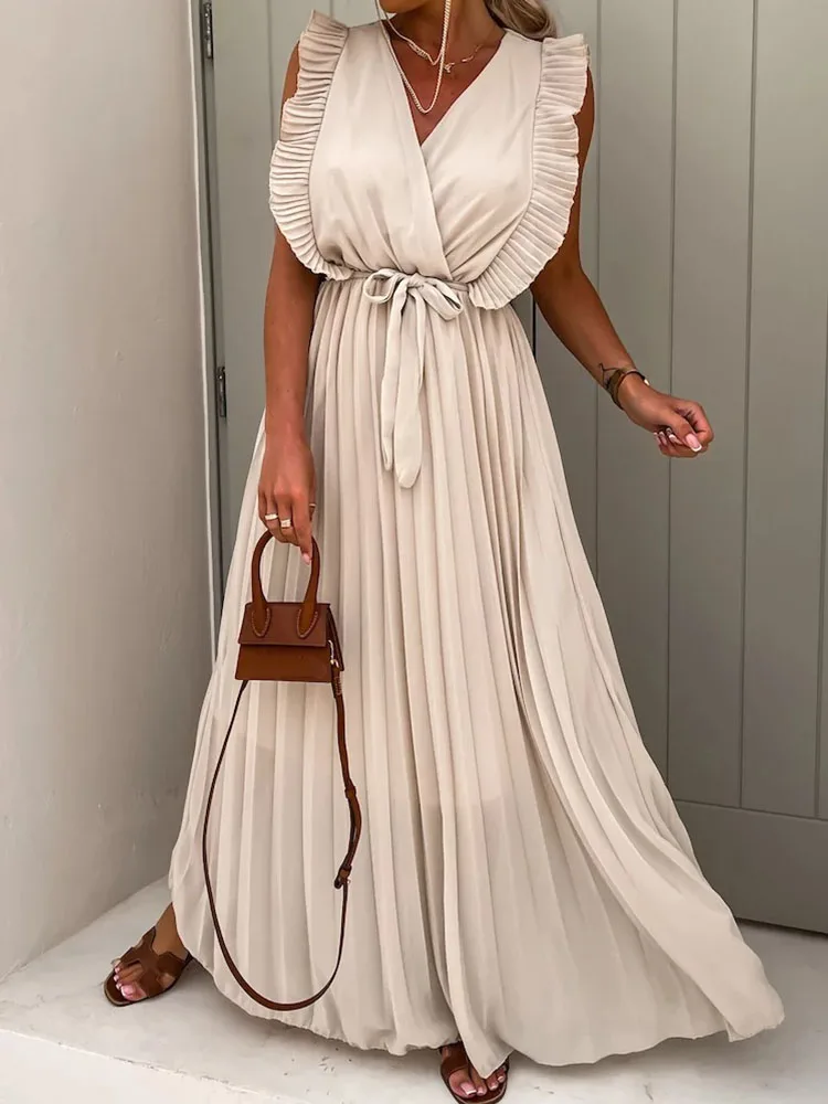

Ladies Solid Sleeveless Women Ruffle Streetwear Dress Maxi Women Party Dress Lady Office Temperament Commute Long V Neck Dress
