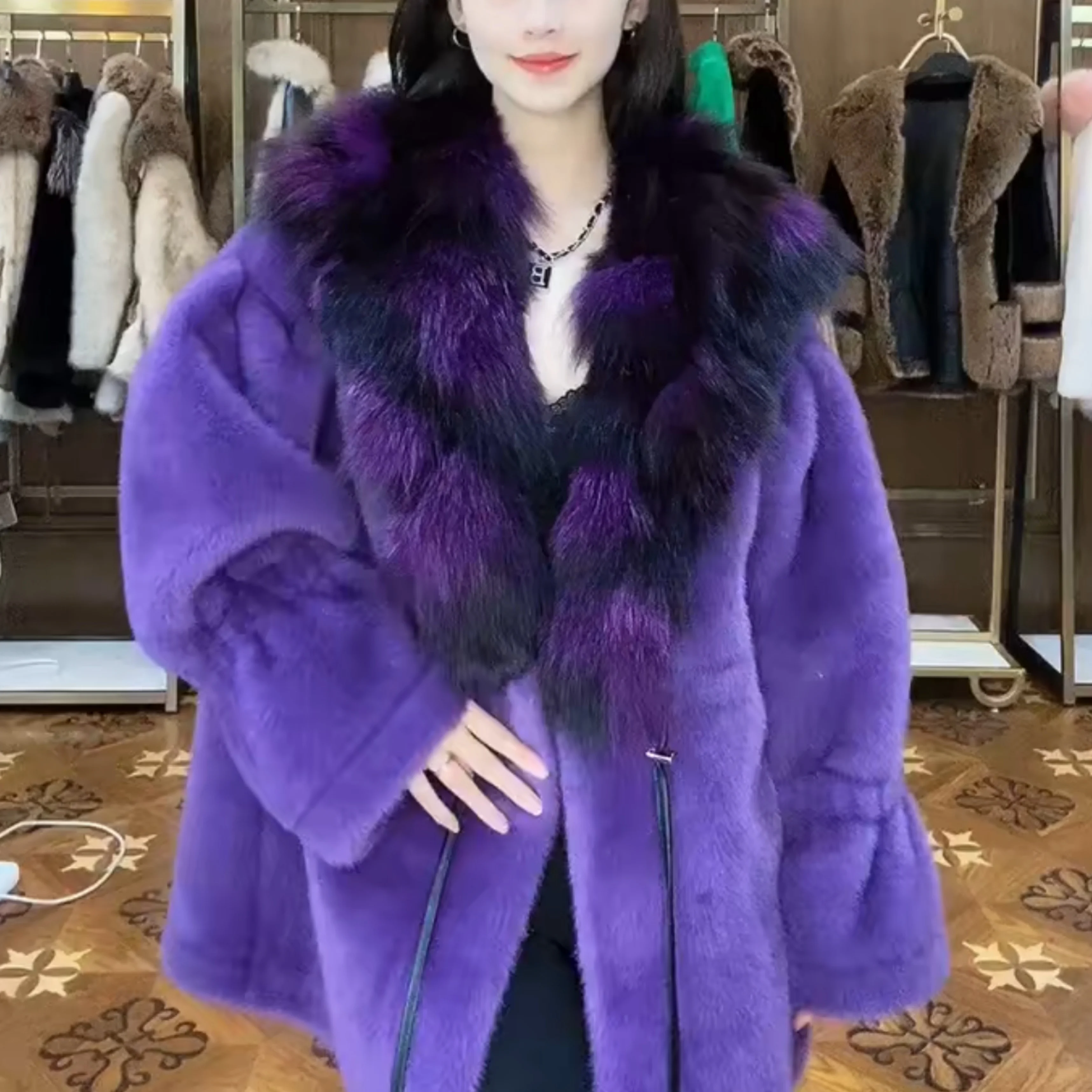 2022 Winter Clothes Fashion Fox Fur with Mink Fur Coats High-End Luxury Long Sleeve Women's Mid-Length Elegant Warm Fur Jacket