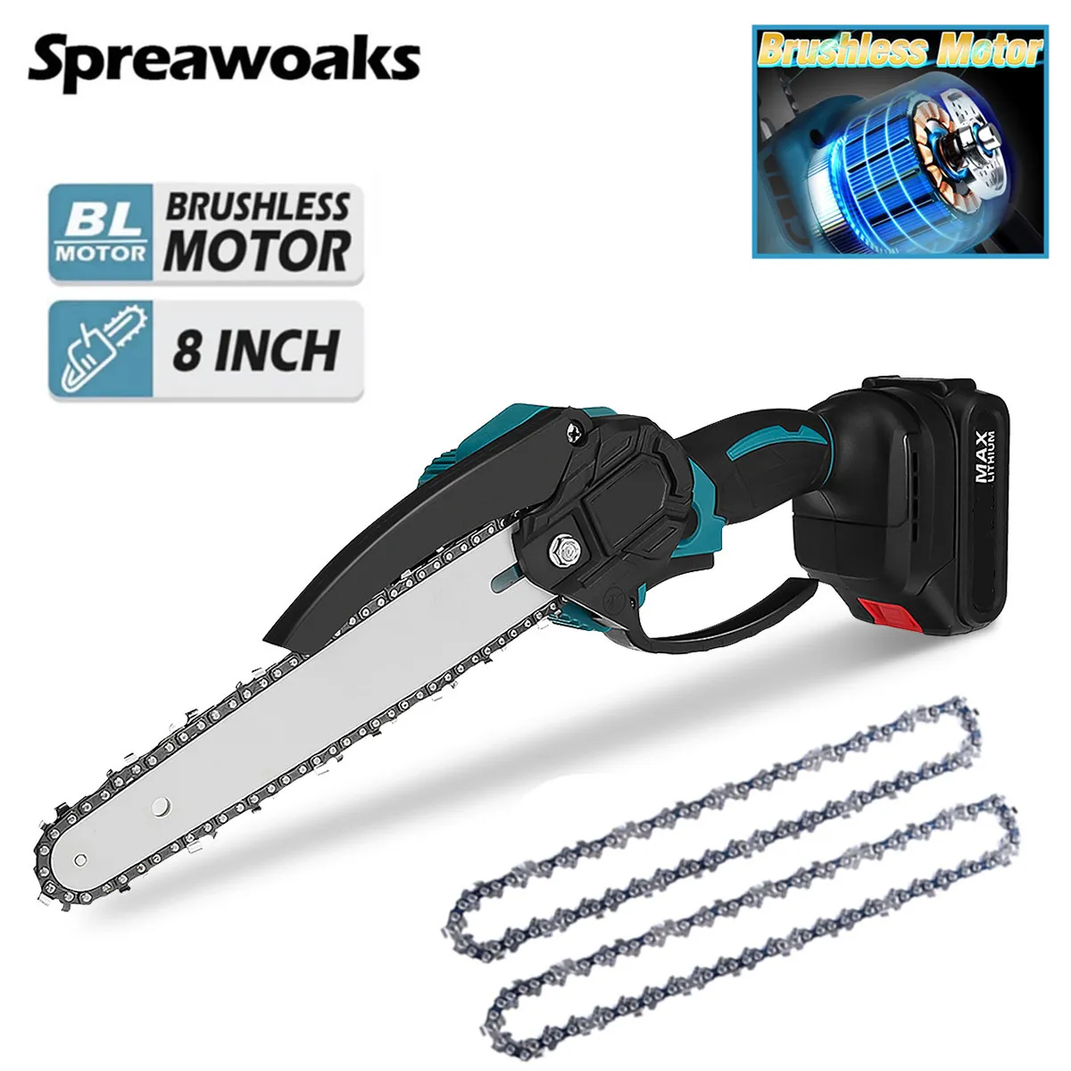 Cordless Chain Saw Brushless 8 Inch Electric Rechargeable Chainsaw With 2 Spare Wood Garden Power Tools For Makita 18V Battery