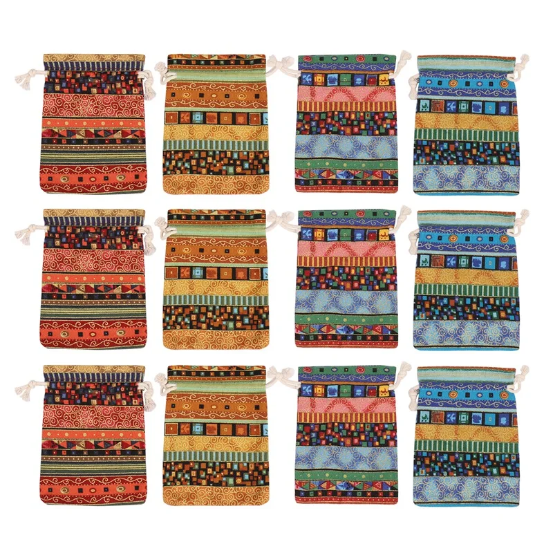 

12pc Egyptian Style Jewelry Coin Pouch Print Drawstring Gift Bag Cotton Sachet Candy Travel Purse Ethnic