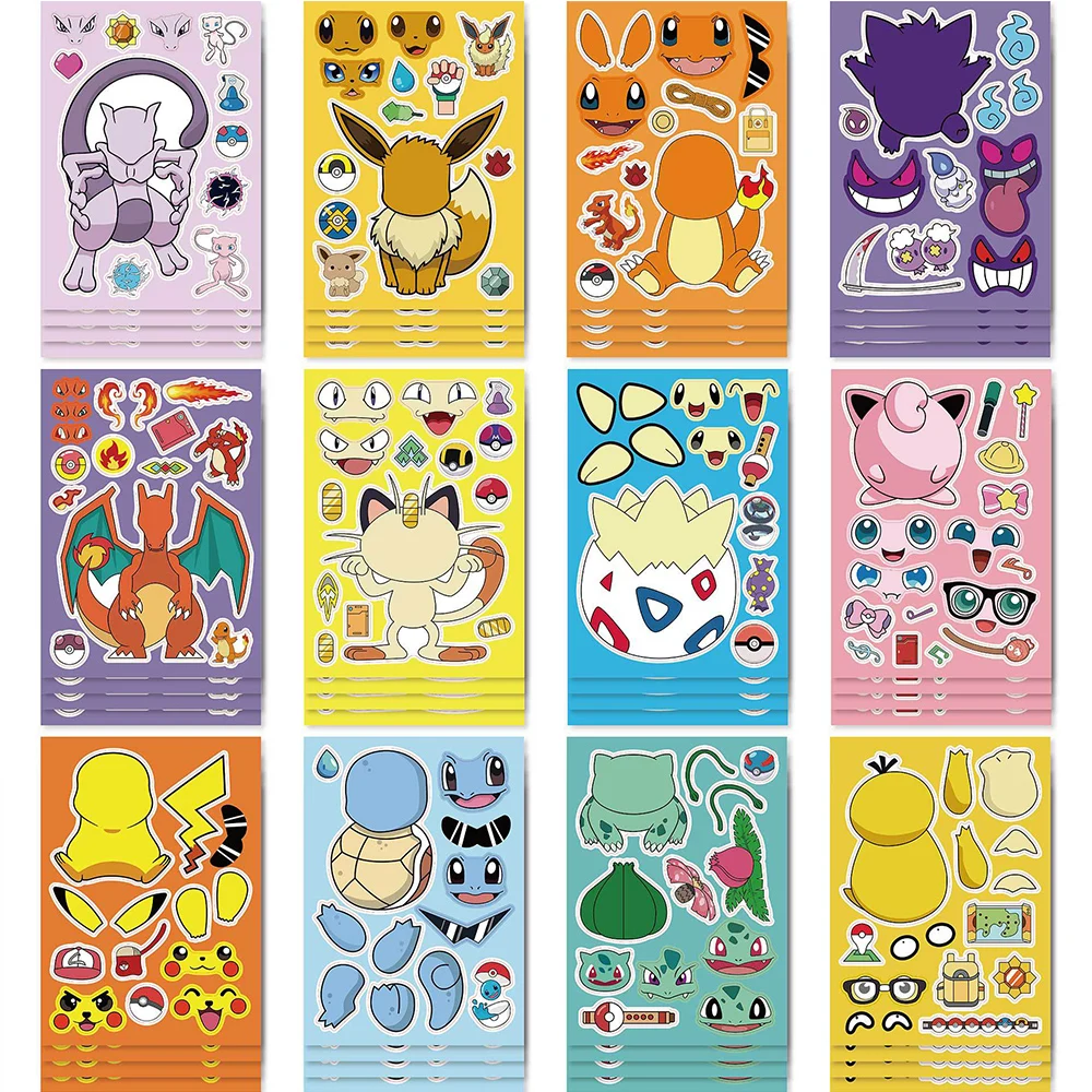 

6/12Sheets Cartoon Pokemon Puzzle Stickers for Kids Toys Anime Pikachu Make-a-Face Assemble Jigsaw Handmade Cute Sticker Books