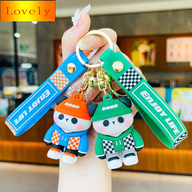 

Checkerboard panda car key ring creative cartoon Keychain car bag all-match small pendant fashion gift Car Key Chain