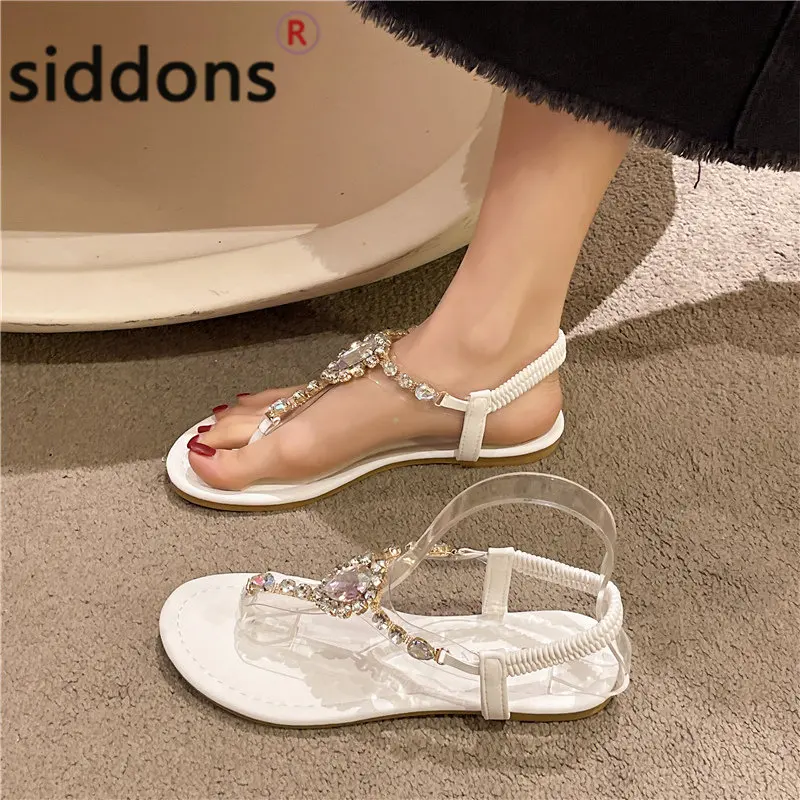 2023 Summer Women's Simple Sandals 36-42 White Green Sandals Fashion shiny rhinester black women's flat sandals