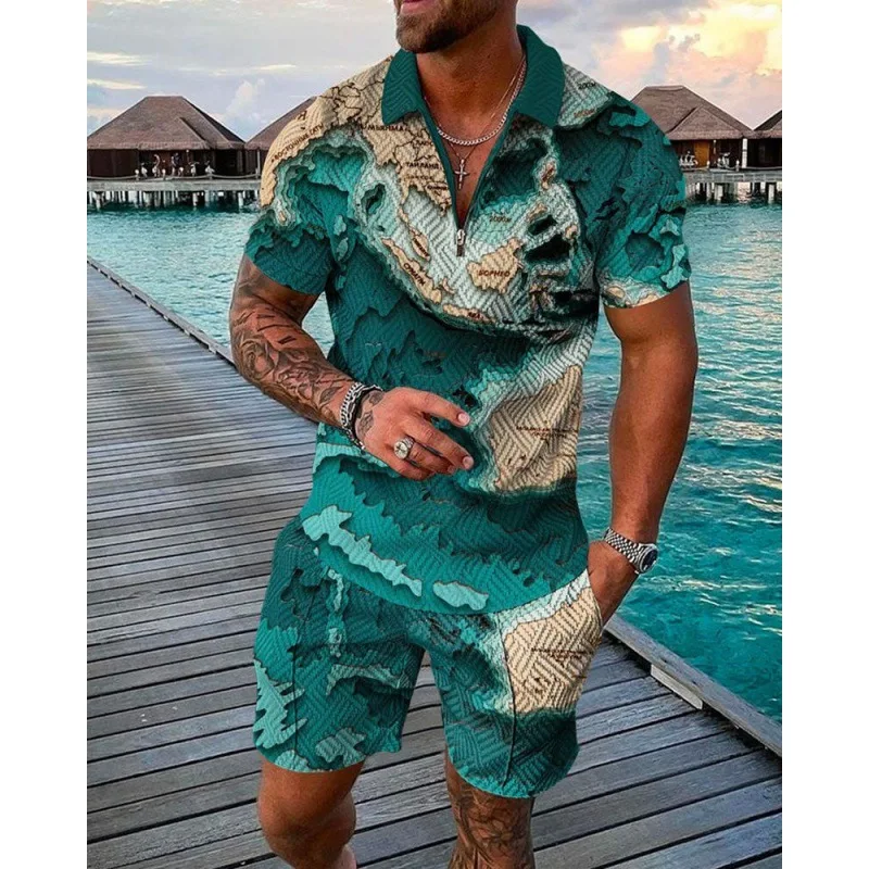 

Summer Short sleeved Polo Shirt Beach Shorts 2 Piece Sets Tracksuit Men's Oversized 3D Printed Casual Sports Suit