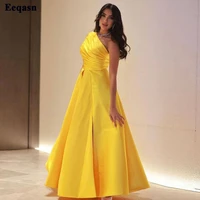 eeqasn yellow satin long prom dresses pleats one shoulder formal evening gowns 2022 slit saudi arabia women wedding party dress