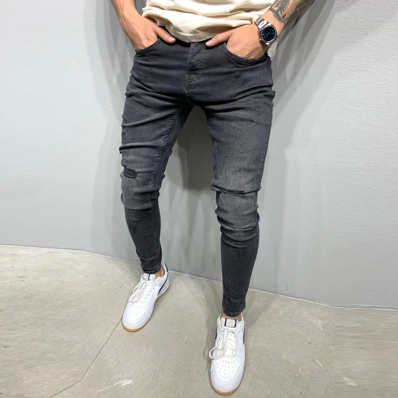 New Men's Jeans Men's Cut Stretch Skinny Jeans Black Denim Casual Sports Pencil Pants Four Seasons Fashion Slim Fit Ripped Pants