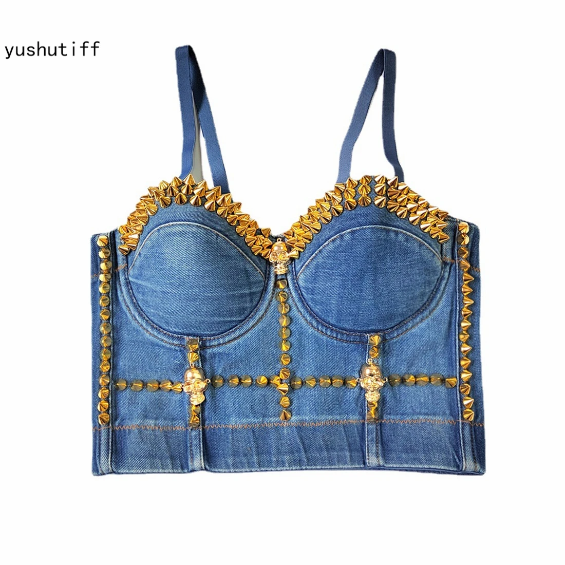 

Crop Top Sexy Denim Studed Corset Bra Nightclub Party Bustier Fashion Show Clothing Rave Festival lingerie Female Vests