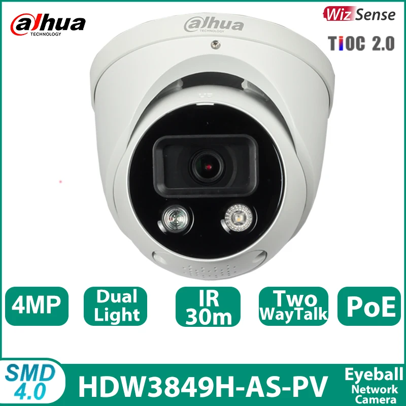 

Dahua IPC-HDW3849H-AS-PV 4MP SMD IR 30M Smart Home Dual Light Eyeball WizSense IP Network Camera Fixed-focal POE IP67 TiOC CCTV