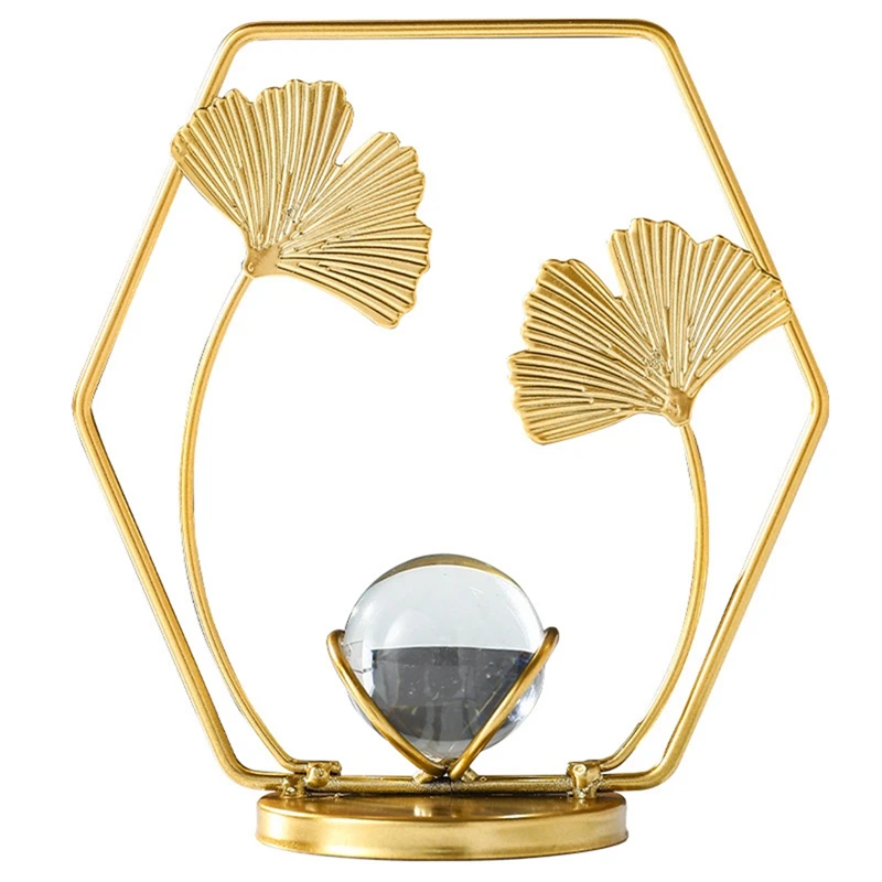 

2Pcs Ginkgo Biloba Crystal Ball Ornaments Living Room Office Wrought Iron Decoration European Decorative Metal Crafts Gold