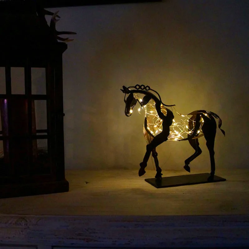 

3D Adonis Horse Statue With LED Light Abstract Art Openwork Crafts Office Horse Sculpture Home Living Room Figurine Decoration