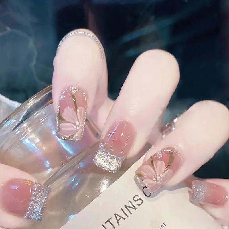 

24Pcs Long False nails Pearl Vintage Flower Dress Fake Nail Tips Full Cover Acrylic For Girls Fingernails