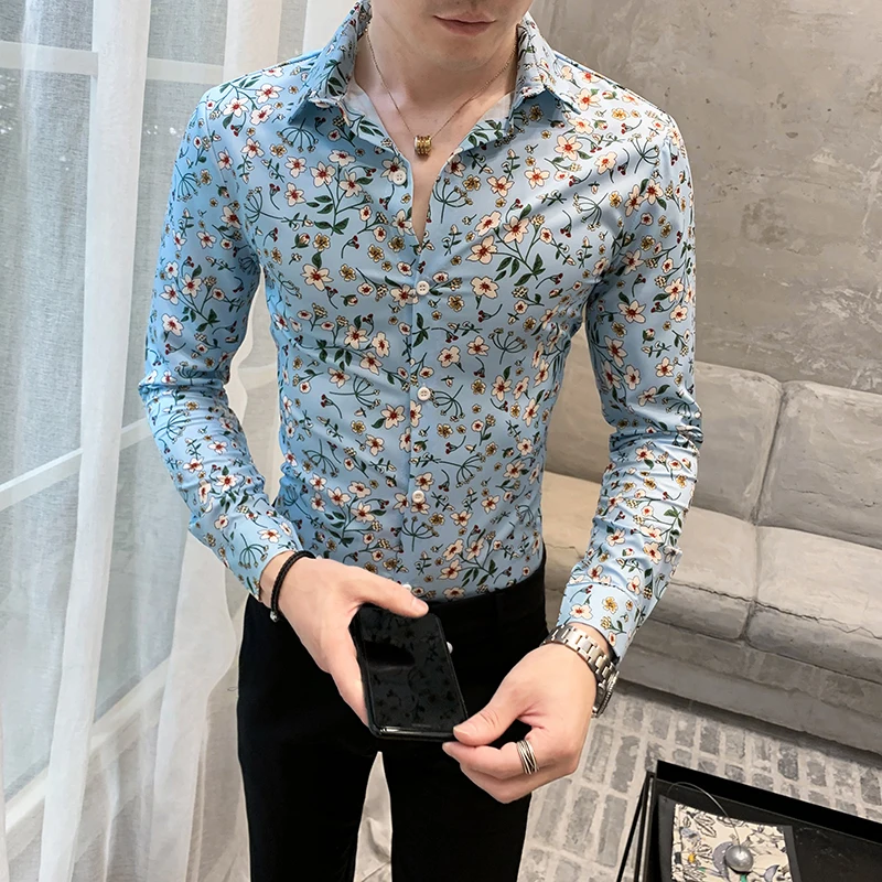 2022 New Korean Men's Flower Shirts Long Sleeve Casual Business Formal Shirt Slim Fit Streetwear Social Party Tops Chemise Homme