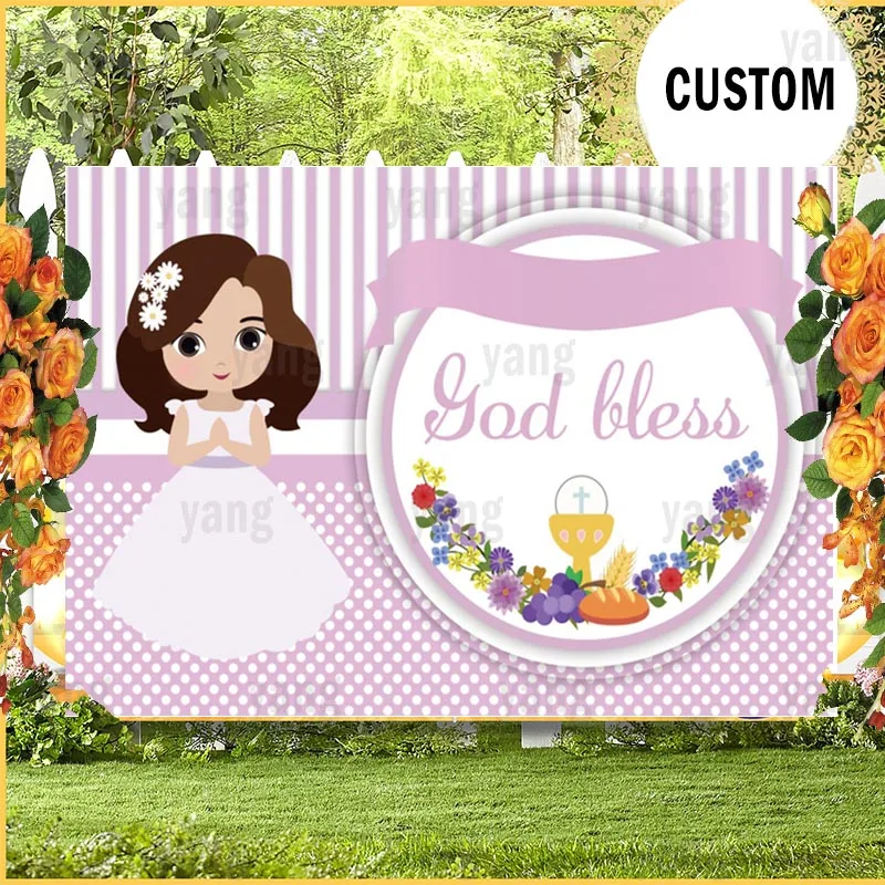 Disney Customized Girl Communion Photo Backdrop Gold Bless Happy Birthday Party Decor Baby Shower Photography Backgrounds Banner