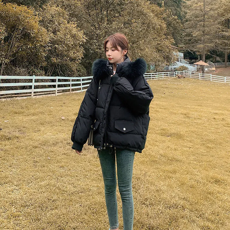 2022 New Winter Jacket Women Parkas Big Fur Collar Hooded Coat Warm Cotton Padded Female Jacket Loose Outwear
