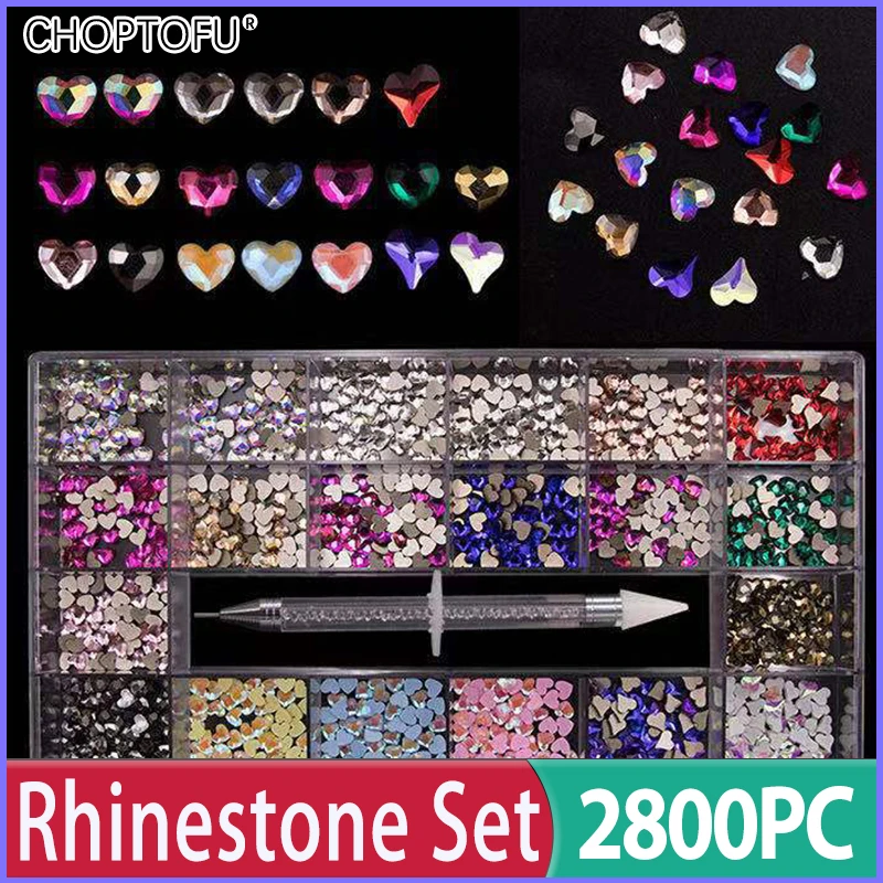 2800PC/Box 21 Grids Crystal Rhinestones Set FlatBack Nail Rhinestones Mixed Size Sparkling Nail Art With 1 Pen For Decorations