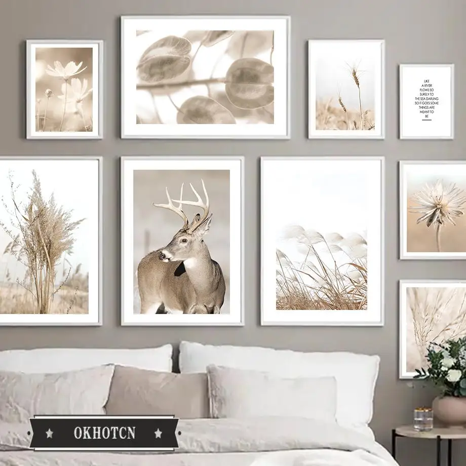 

Natural Weed Deer Wheat Daisy Dandelion Reed Posters and Prints Wall Art Nordic Beige Scenery Canvas Painting Living Room Decor