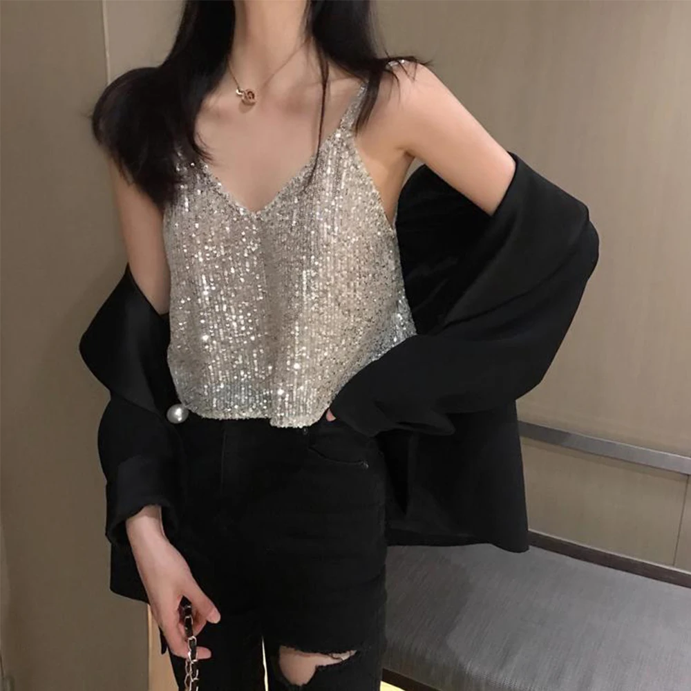 

Tank Tops Women Sequined Spaghetti Strap Camisole Clubwear Tops Sexy V-Neck Women Vest Korean Streetwear Cropped Tops