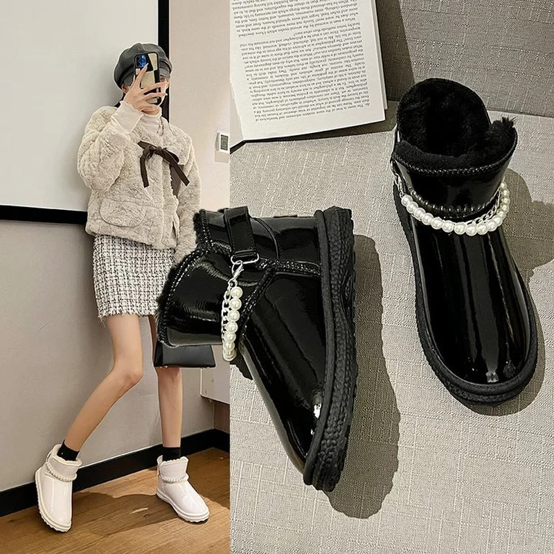 

Модные женские ботинки для снежной погоды с металлической цепочкой и жемчугом, Короткие Плюшевые повседневные хлопковые ботинки на плоско...