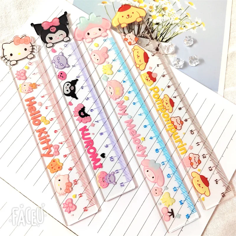 

12cm Kawaii Sanrio Cinnamoroll Hello Kitty Kuromi Clear Plastic Acrylic Shatter Resistant Metric Ruler Office School Supplies