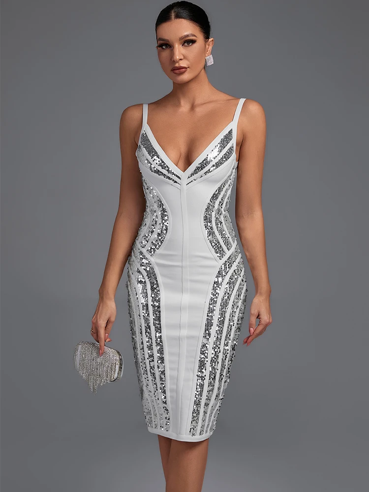 

Женское Бандажное платье с блестками, Белое Облегающее вечернее платье, элегантный пикантный клубный наряд средней длины для дня рождения, ...