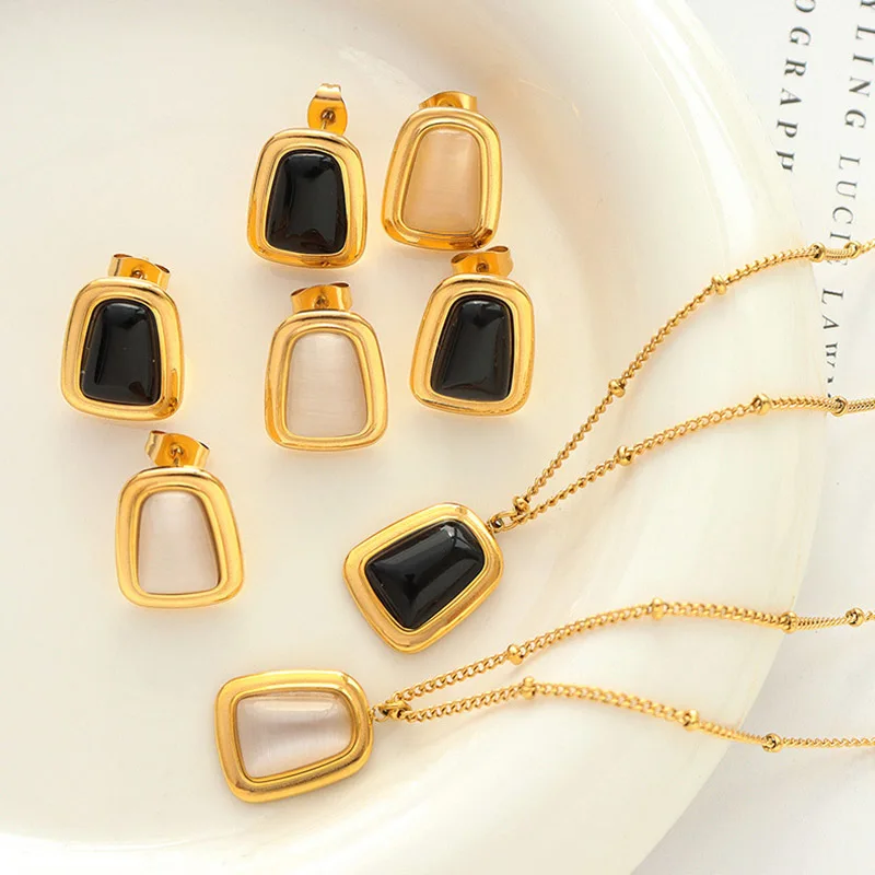 

Fashion Natural Opal Stone Stud Earrings for Women, Gold Tone Stainless Steel Geometric Charm Party Anniversary Gift Jewelry