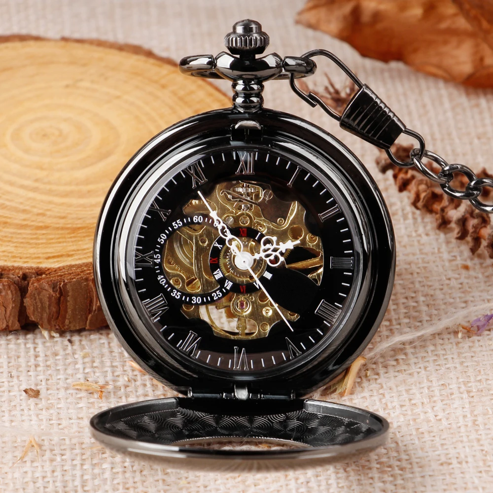 Fashion Black Smooth Transparent Glass Cover Pocket Watches Mechanical For Men Women Steampunk Vintage Necklace With Chain Gifts
