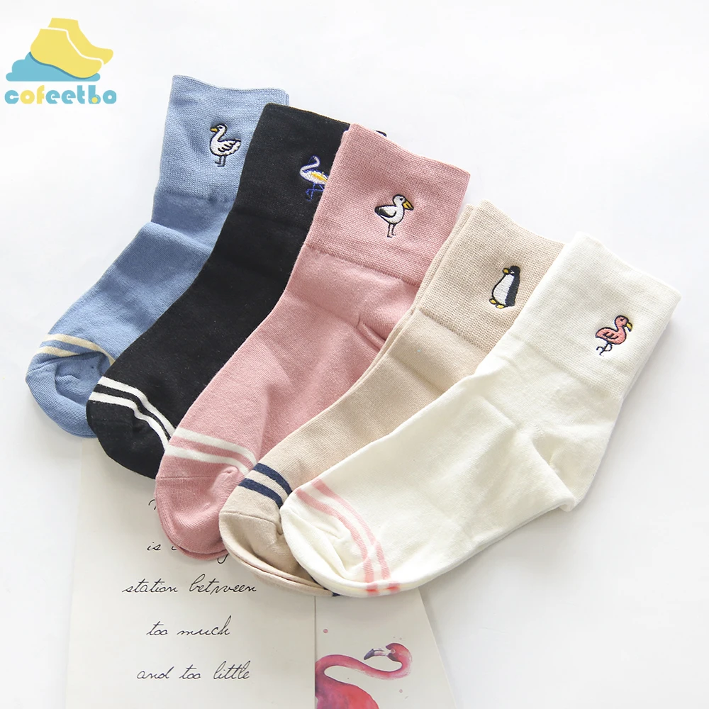 

Embroidery Birds Socks Swan Penguin Flamingo Seagull Women Dove Stripes Soft Comfortable Socks Female Cotton Spring Fall Meias