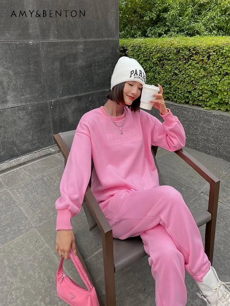 

Autumn Winter New Fashion Women's Clothing Two-Piece Set Korean Style Candy Color Fleece Thermal Hoodie Sweatpants Casual Suit