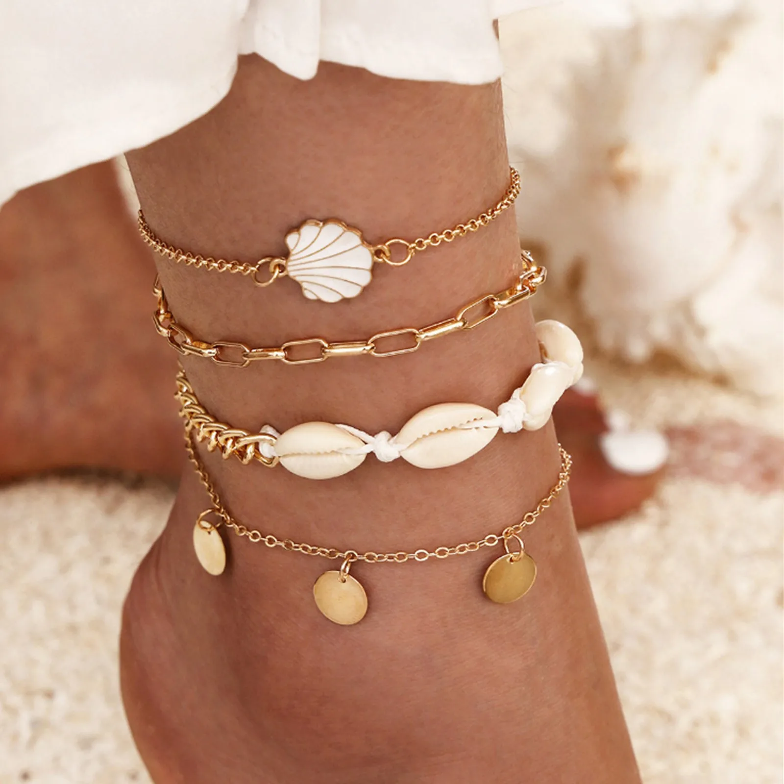

4PC Women Beach Ocean Cute Design Bohemian Shell Scallop Anklet Bracelet Charms Pendants Anklets Set Foot Jewelry Charm Bracelet