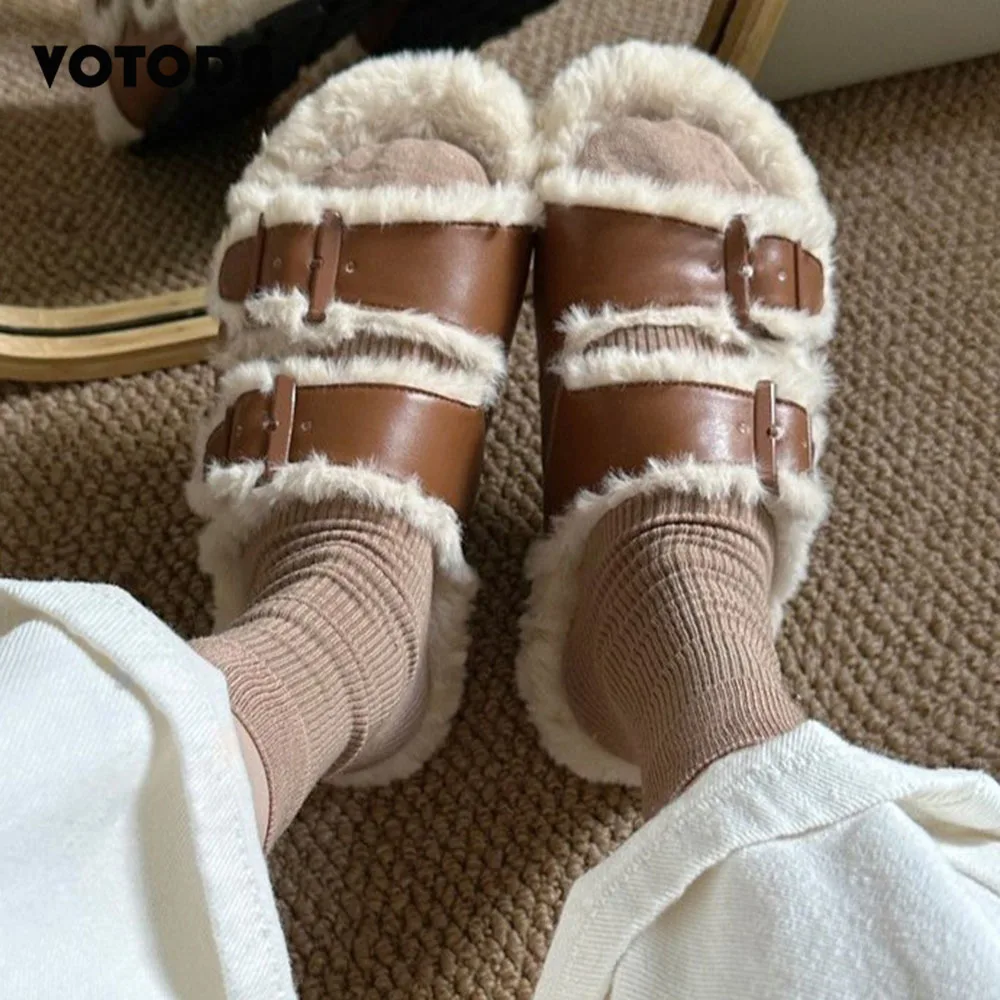 

Winter Fur Integrated Slippers Women Flat Double Strap Open Toe Flip Flops Furry Fashion Buckle Mules Girls Home Slippers Shoes