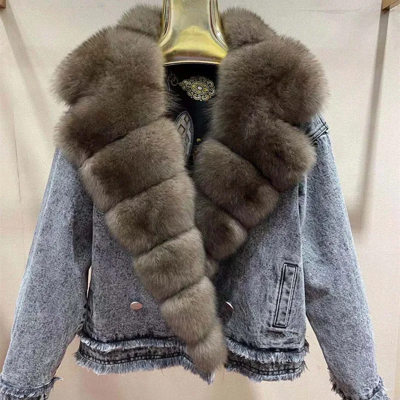 Denim Jacket Female High Quality Real Fur Coats Winter Women Coats 2021 New Fashion Warm Fox Fur Collar Jean Splice Overcoat enlarge