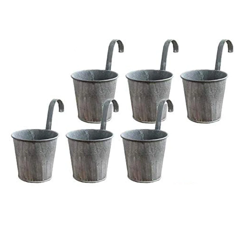 

6 Pack Flower Pots with Hooks Metal Hanging Flower Planter Retro Gray Fence Flower Pot for Outdoor Balcony Wall Decor