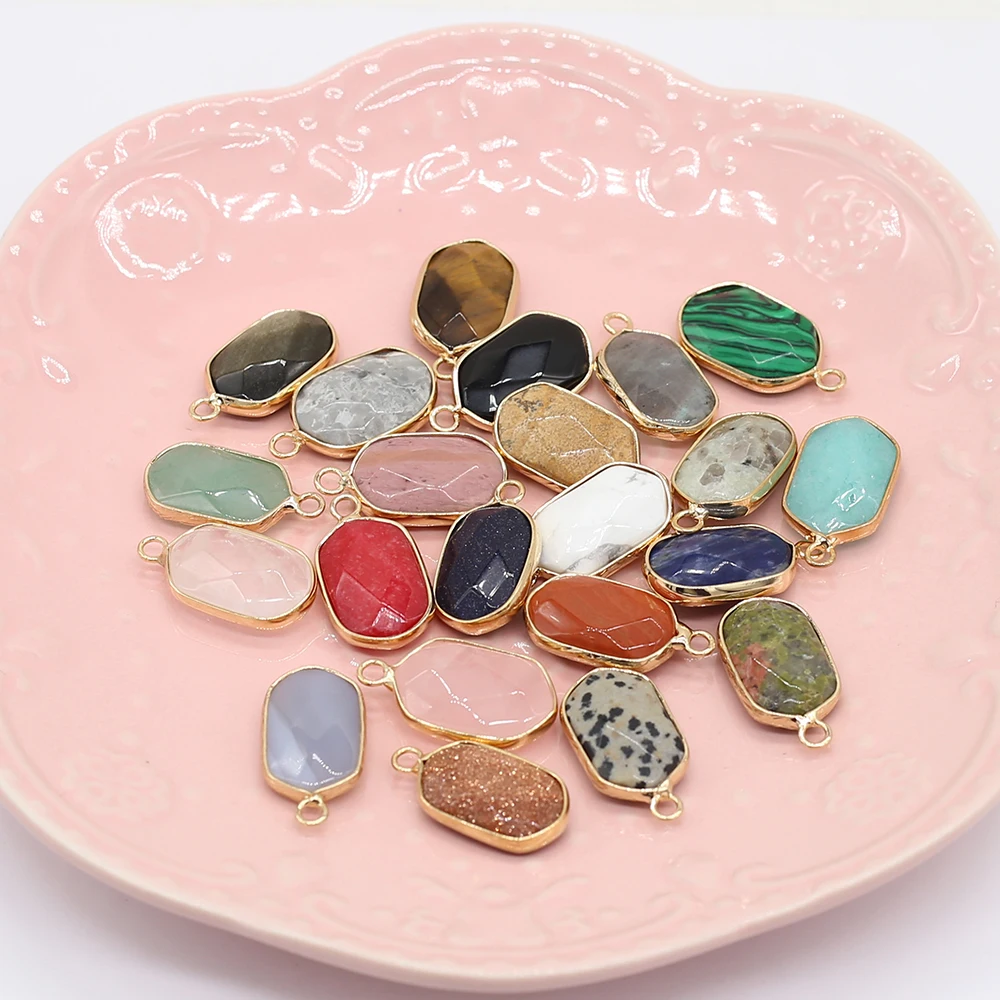 

Natural Stone Rose Quartz Malachite Faceted Diamond Gold Pendant For Jewelry MakingDIY Necklace Accessory GemStone Charm Gift1PC