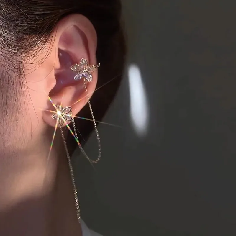 

2022 New Arrival Fashion Clip Earrings Metal Trendy Water Drop Women Flower Earrings Women's One-piece Ear Line Elegant Jewelry