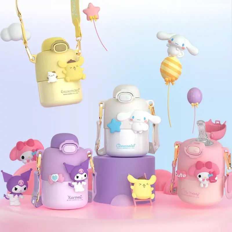 

430ml Sanrioed Kuromi Cinnamoroll My Melody Pompom Thermos Cup Girls Cute Water Cup Portable Large Capacity Cup with Straw