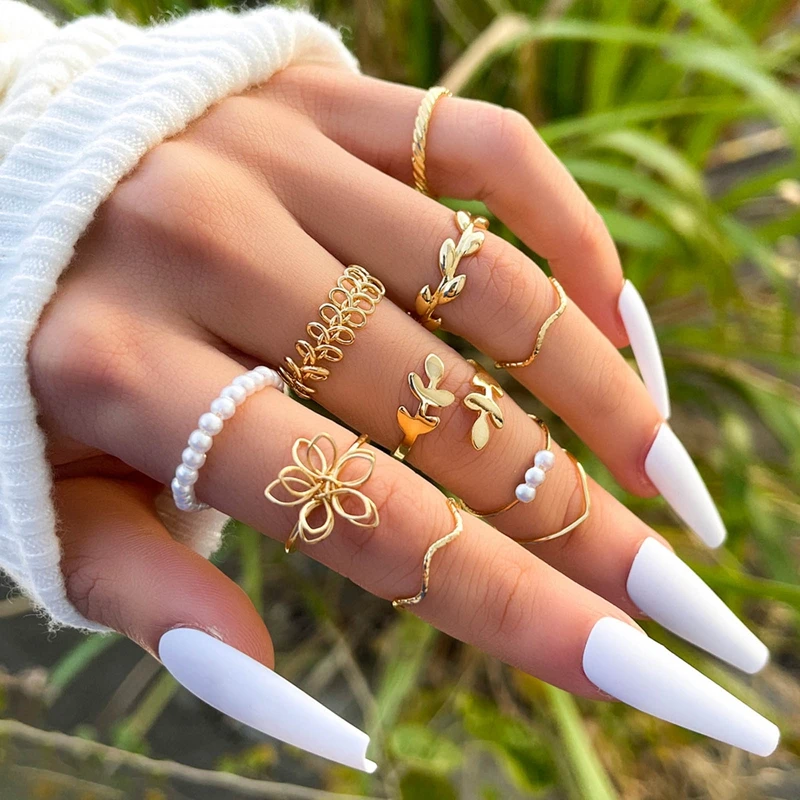 

10Pcs/Set Geometric Women Pearl Rings Gold Color Flower Leaves Hollow Adjustable Opening Ring Jewelry Gift