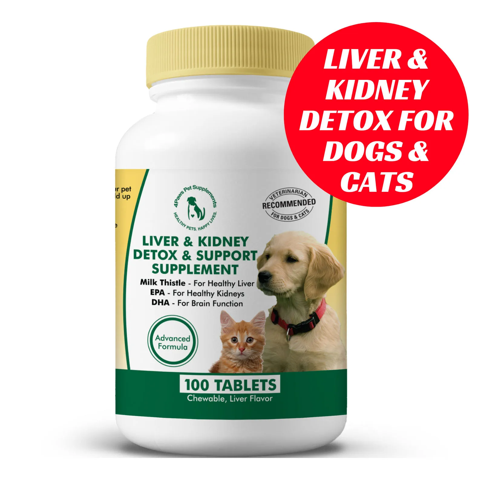 

Liver & Kidney Detox Support Supplement for Dogs & Cats. 100 Tabs