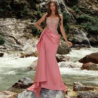 xijun pink beading crystal tassel satin mermaid evening dresses pleat ruched formal party dress long prom gown dubai women 2022