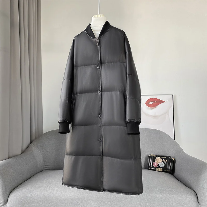 

Genuine Leather Coat 2023 Autumn/Winter New Baseball Jersey Long Bread Coat Down Coat White Goose Down Warm Coat