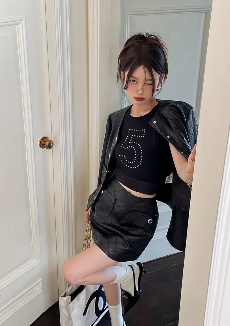 Korean Button  Autumn Long Sleeve Loose Coat Top Women's Round Neck with Leather Coat Basic Casual Y2k Girl Wear Short Top