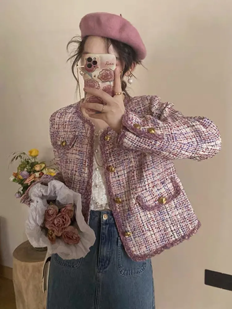 

High Quality French Vintage Small Fragrance Tweed Jacket For Women 2023 Fall Winter Elegant Fashion Woolen Short Coat Outerwear