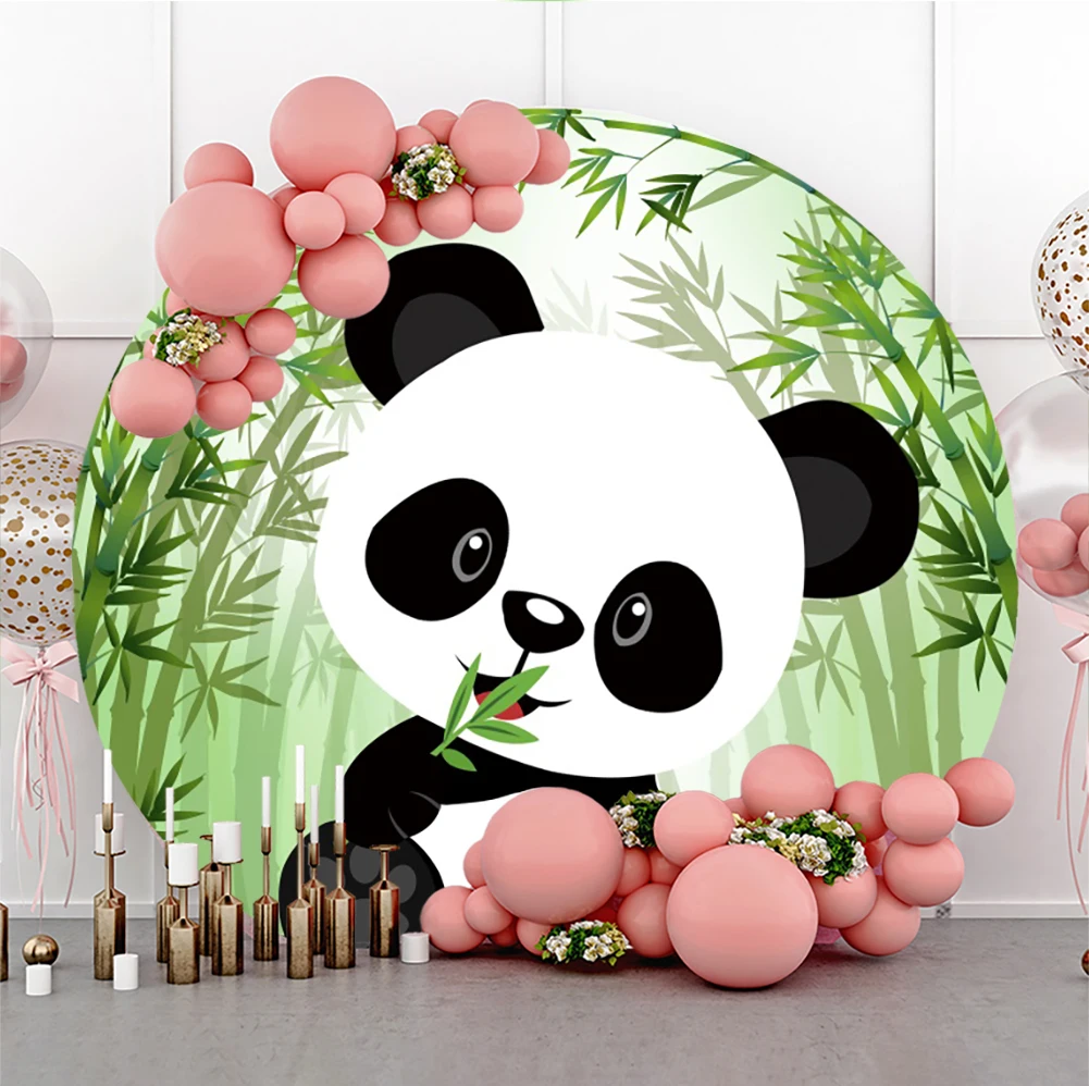 

Panda Theme Happy Birthday Round Circle Backdrop Green Leaves Bamboo Baby Birthday Cake Smash Party Photography Background