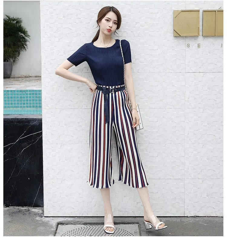 

Summer Woman Chiffon O-neck New Fashion Striped Printing Sashes Short Sleeves Elastic Two Pieces Women's Sets Female