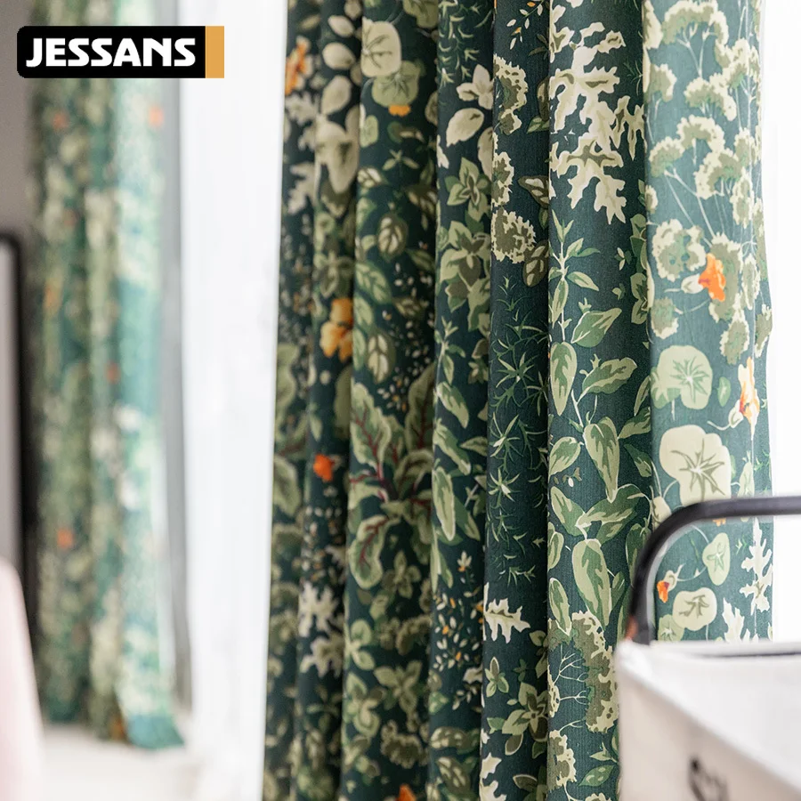 

American Fresh Forest Green Plant Flowers Living Room Curtains Pastoral Coarse Cotton Semi-shading Bedroom Balcony Sunshade #5