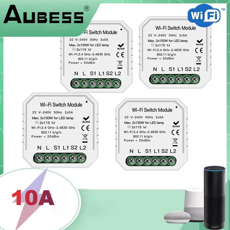 

Smart Wifi Switch Module 2 Gang Switch 2-Way Relay Breaker Module Works With Alexa Amazon Google Home Smart Life Tuya APP Timer